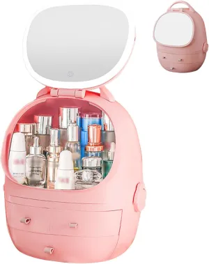 Makeup Organiser Storage, Cosmetic Storage Box with Drawer and Led Lighted Mirror, Double-Sided Dustproof Cover, 180°Rotating Separable Desk Skincare Organizer for Dresser & Bathroom &Bedroom