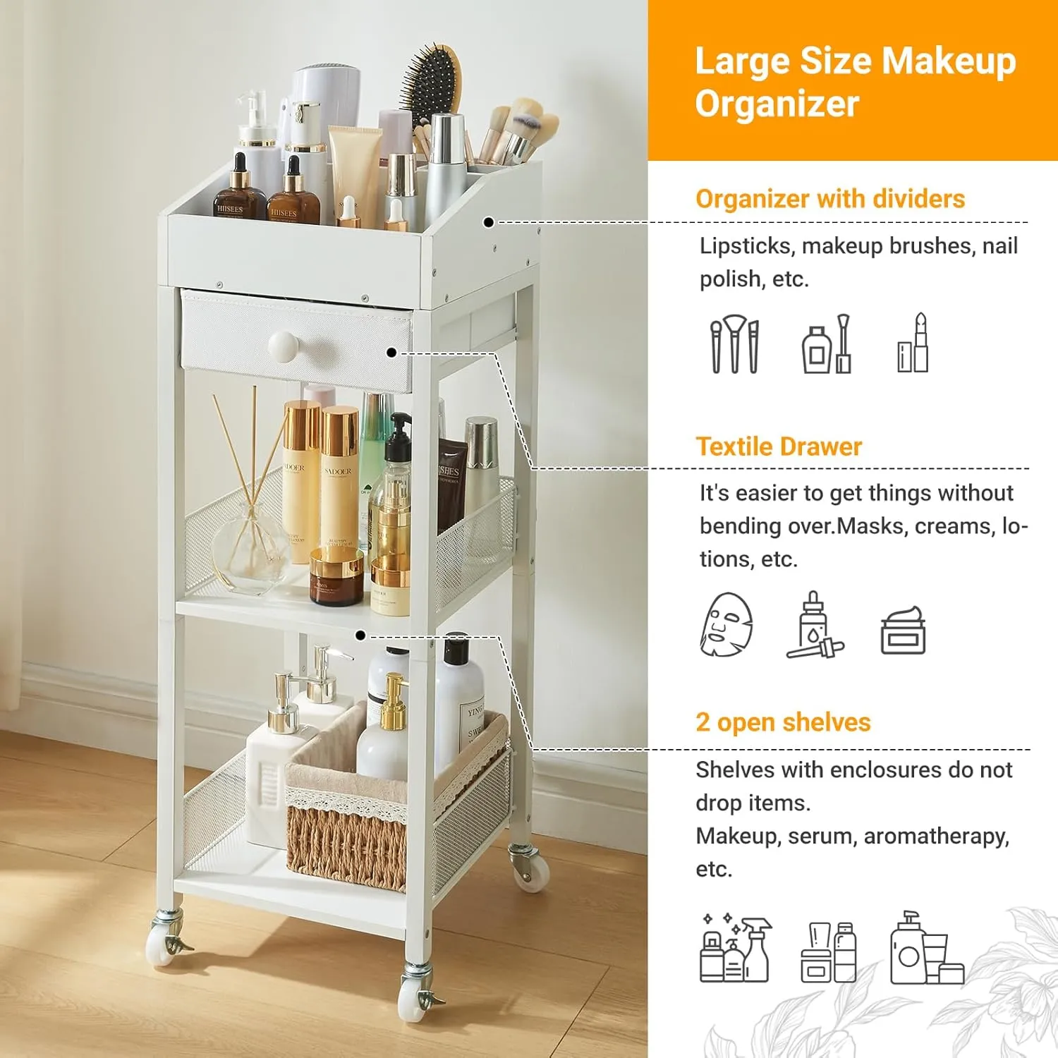 Makeup Organizer Cart,3 Tier Floor Make up Storage Stand with Drawer, Free Standing Skincare Cosmetic Display Holder with Wheels for Vanity Bedroom Dresser Bathroom(White)