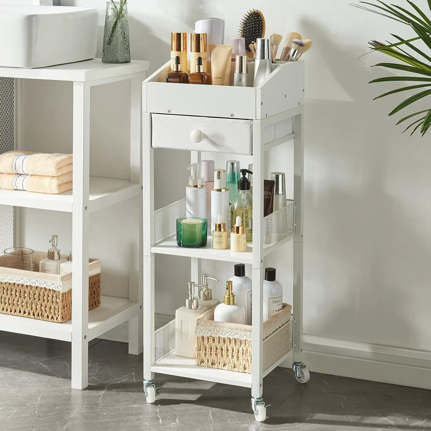 Makeup Organizer Cart,3 Tier Floor Make up Storage Stand with Drawer, Free Standing Skincare Cosmetic Display Holder with Wheels for Vanity Bedroom Dresser Bathroom(White)