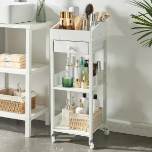 Makeup Organizer Cart,3 Tier Floor Make up Storage Stand with Drawer, Free Standing Skincare Cosmetic Display Holder with Wheels for Vanity Bedroom Dresser Bathroom(White)