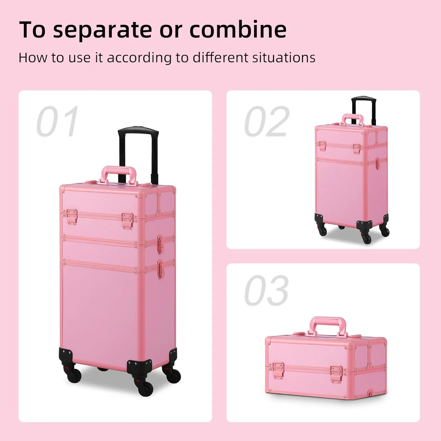 Makeup Train Case, Rolling Makeup Case, 3 in 1 Cosmetology Case on Wheels, Christmas Gift, Large Makeup Case Organizers, Profesional Cosmetic Case for Salon Barber, Pink
