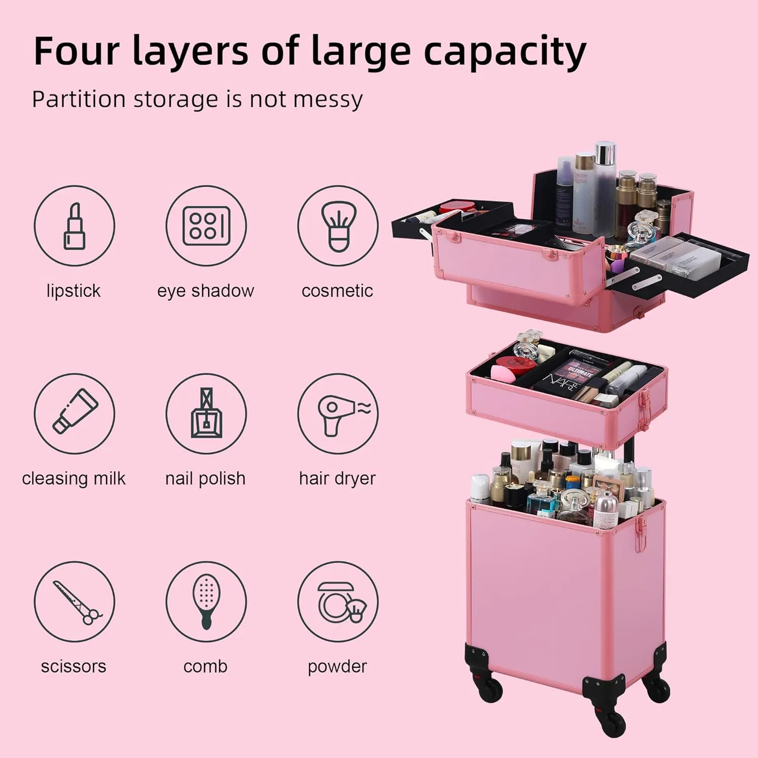 Makeup Train Case, Rolling Makeup Case, 3 in 1 Cosmetology Case on Wheels, Christmas Gift, Large Makeup Case Organizers, Profesional Cosmetic Case for Salon Barber, Pink