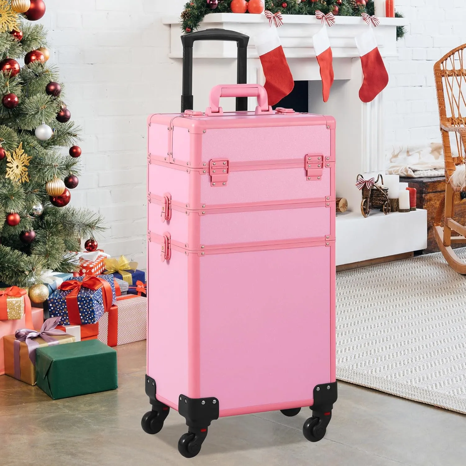 Makeup Train Case, Rolling Makeup Case, 3 in 1 Cosmetology Case on Wheels, Christmas Gift, Large Makeup Case Organizers, Profesional Cosmetic Case for Salon Barber, Pink