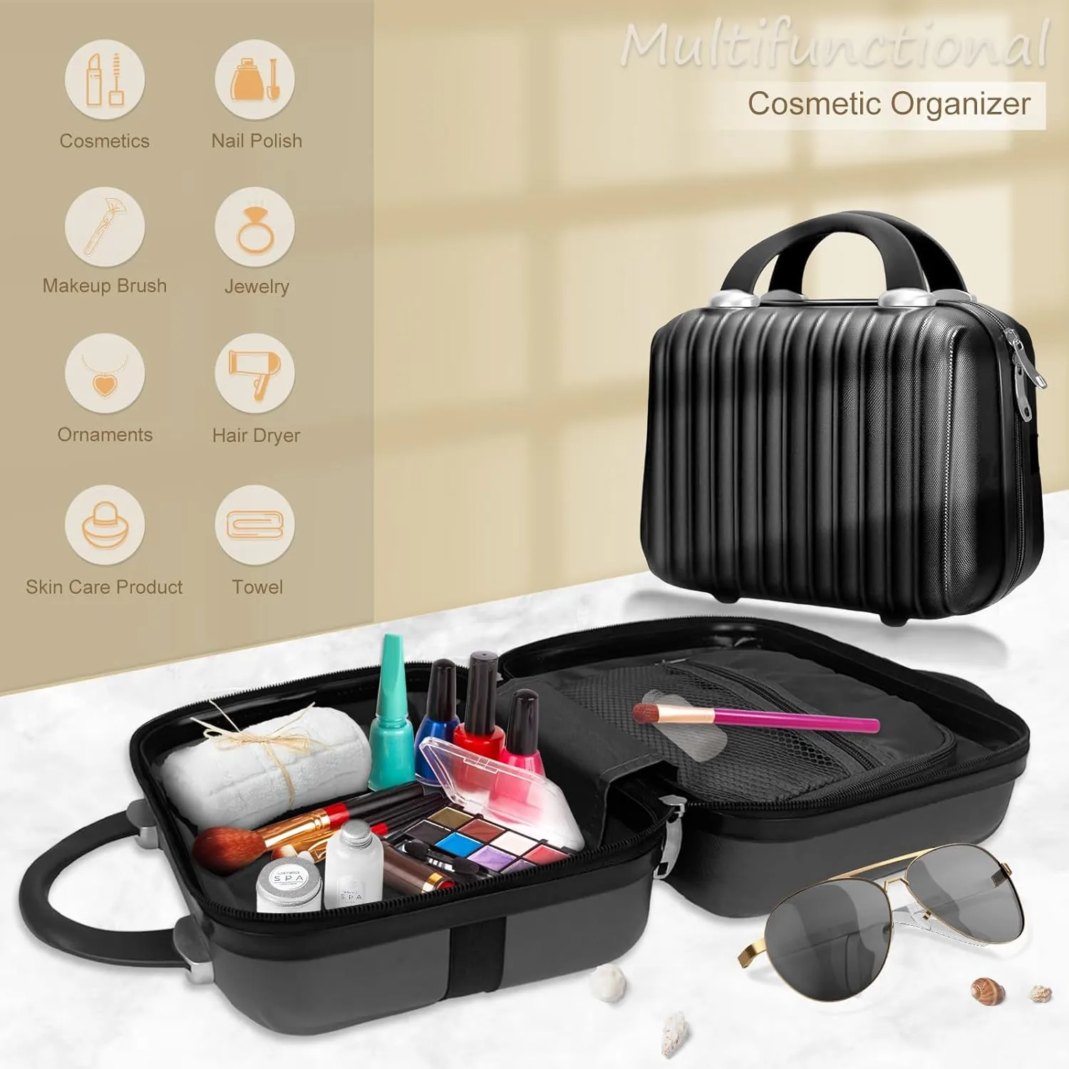 Makeup Travel Case 11 inch Hard Shell Cosmetic Case Organizer Bag Small Portable Make up Train Hand Luggage with Elastic Strap ABS Mini Suitcase Gifts for Her.