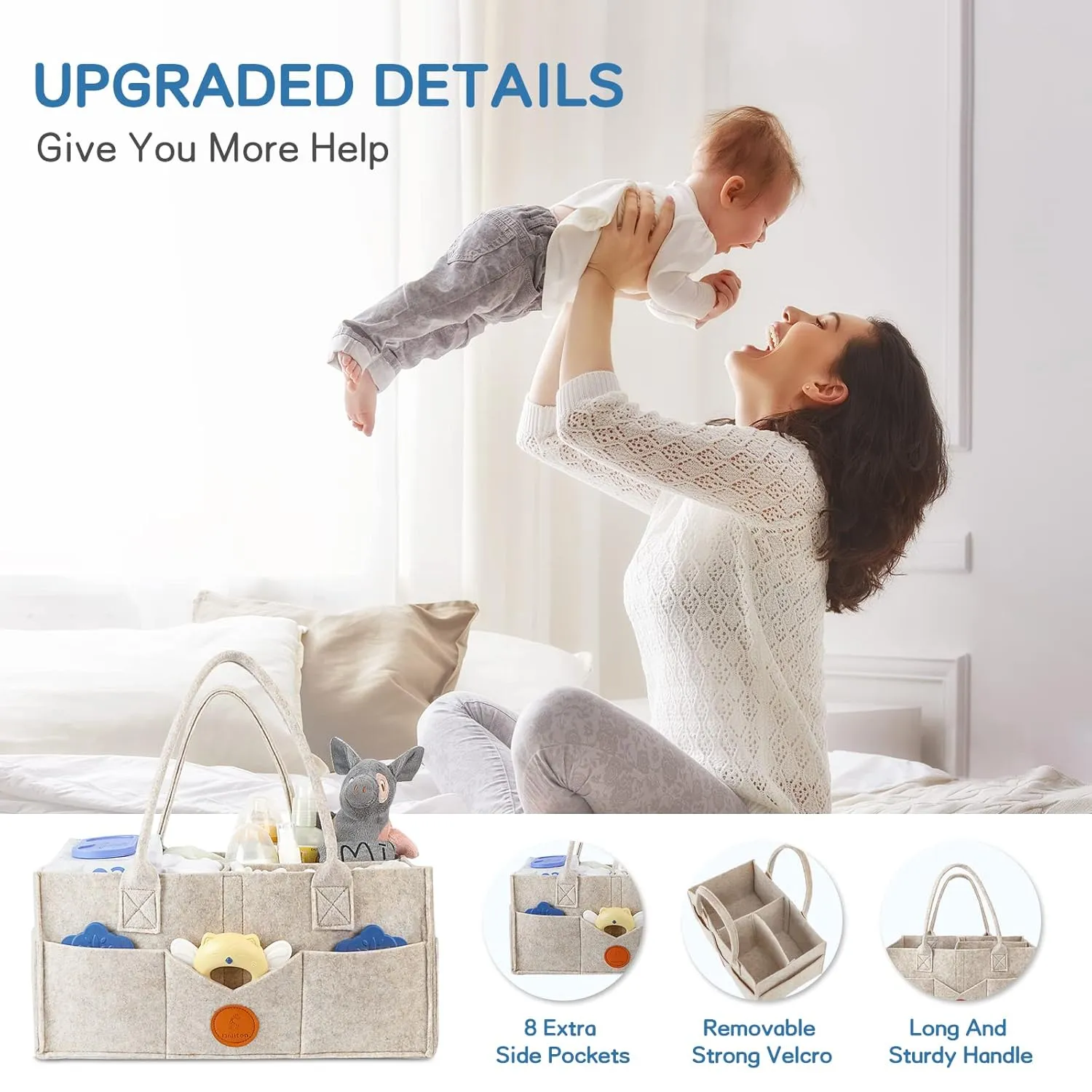 Maliton Baby Diaper Caddy Organizer for Changing Table, Nursery Storage Bin Basket with Handle, Felt Diaper Organizer Suitable for Indoor Outdoor (Khaki)