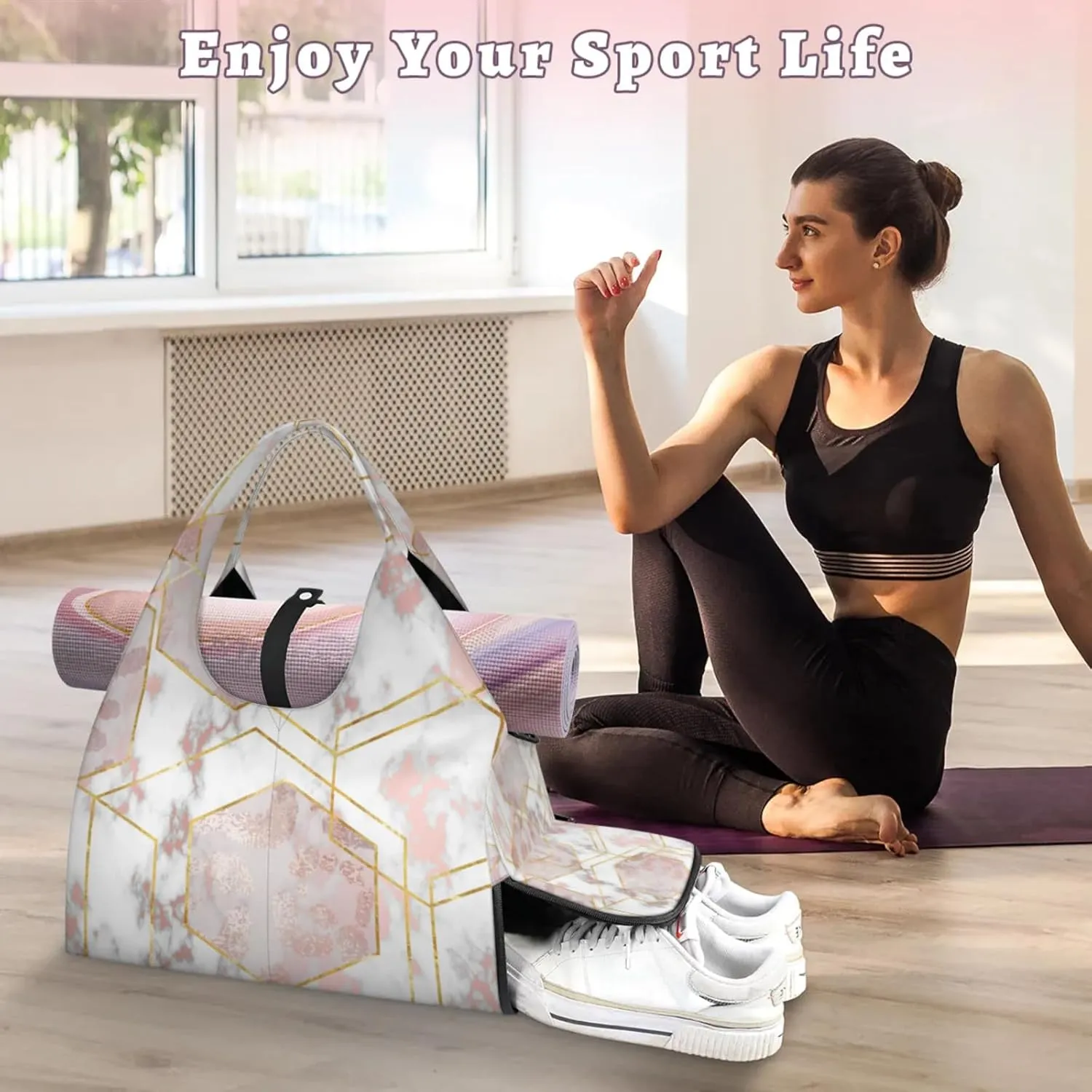 Marble Sky Paper Gym Bag Yoga Mat Tote for Women with Shoes Compartment Lightweight Duffle Travel Carrier Wet Dry Storage Pockets Adjustable Pilates Mats Shoulder Bags for Sport Swim