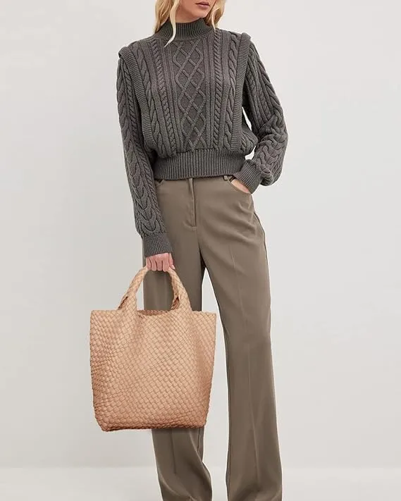 MECOLOR Womens Vegan Leather Woven Bag with Purse, Handmade Beach Tote Bag Top-handle Handbags