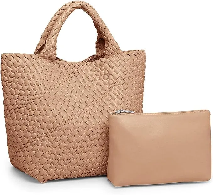 MECOLOR Womens Vegan Leather Woven Bag with Purse, Handmade Beach Tote Bag Top-handle Handbags