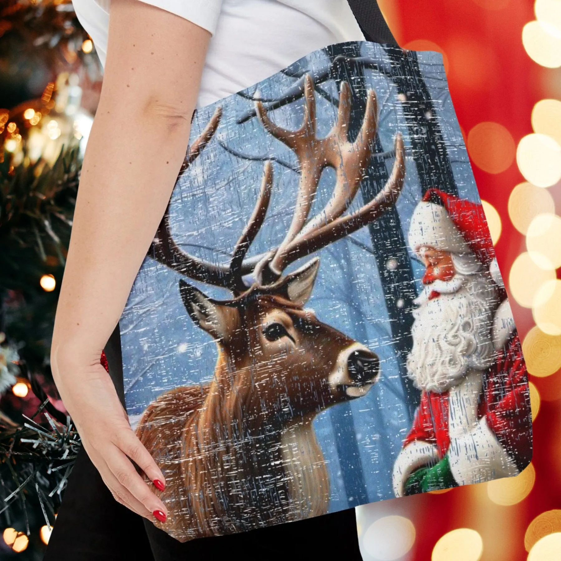 Medium Tote Bag with Closeup of Santa and Reindeer