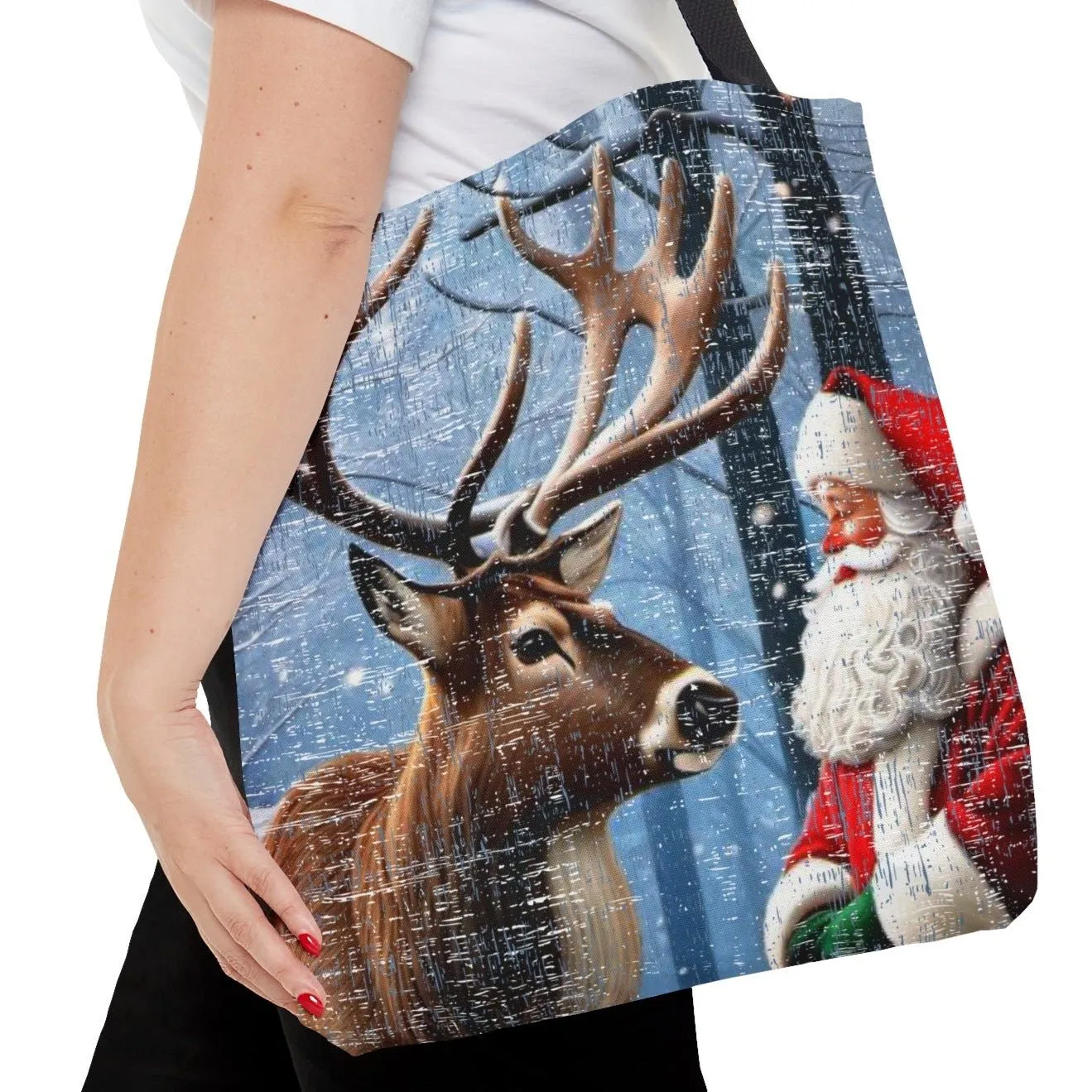 Medium Tote Bag with Closeup of Santa and Reindeer