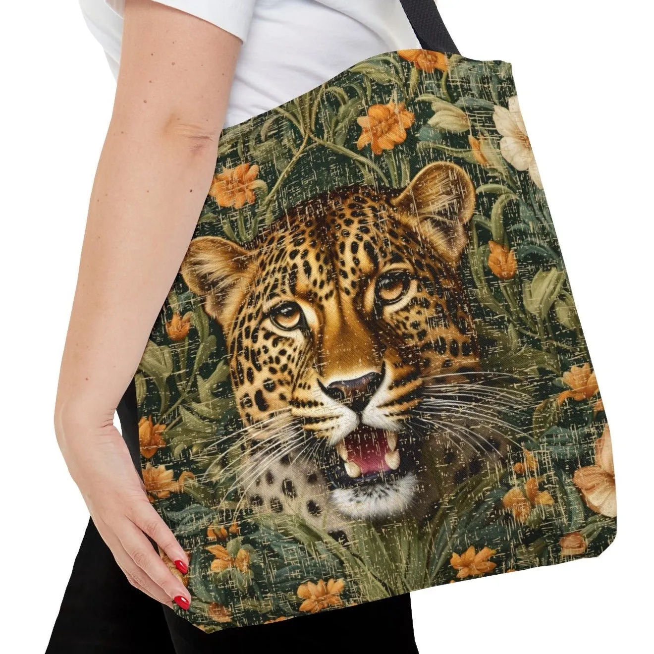 Medium Tote Bag with Detailed Leopard on Floral Print