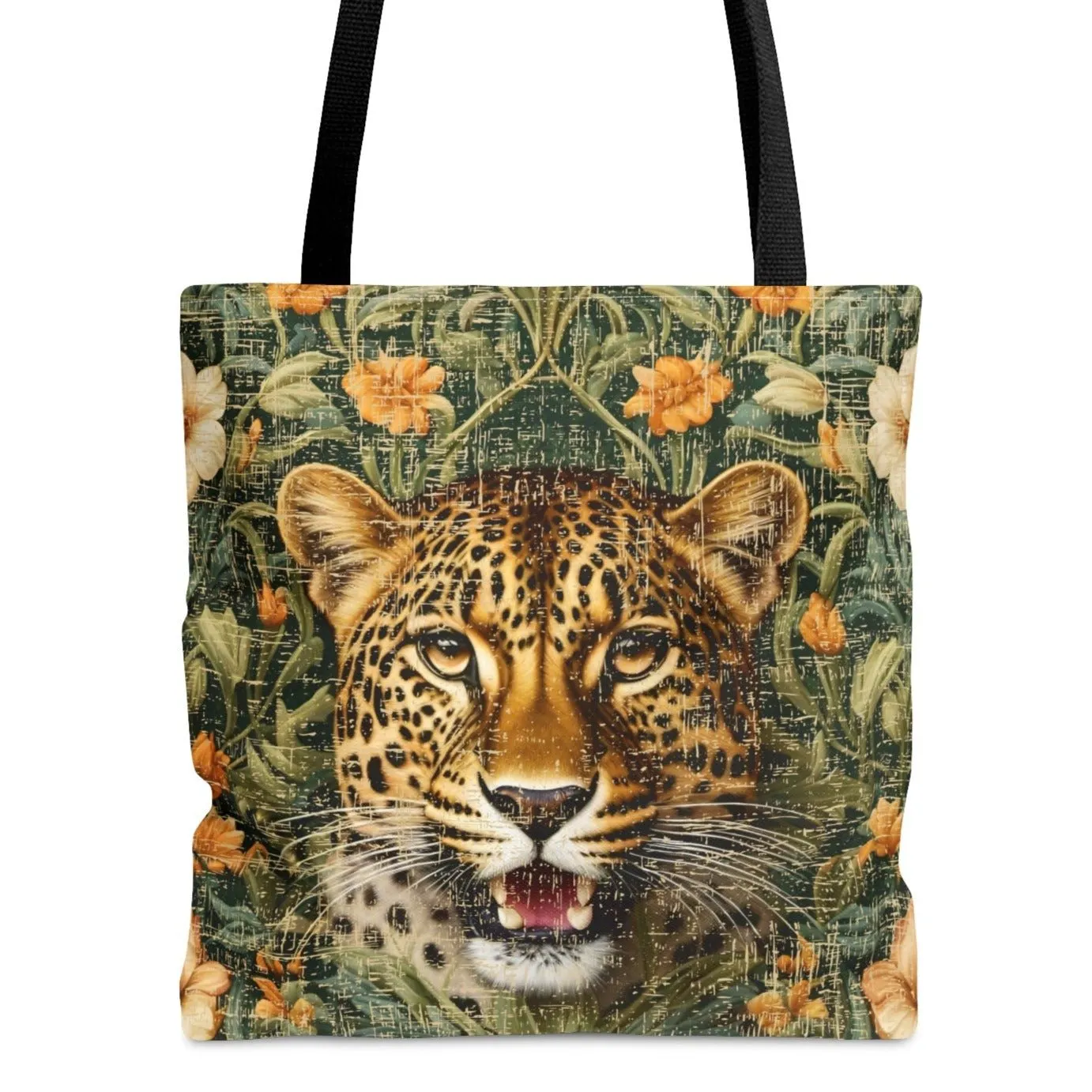 Medium Tote Bag with Detailed Leopard on Floral Print