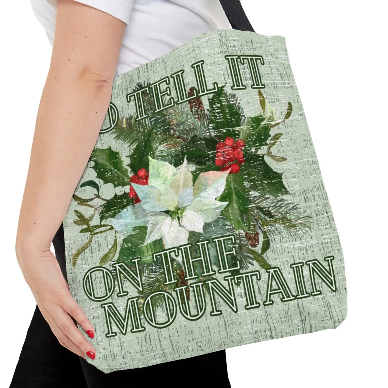 Medium Tote Bag with 'Go Tell It on the Mountain' and Christmas Floral