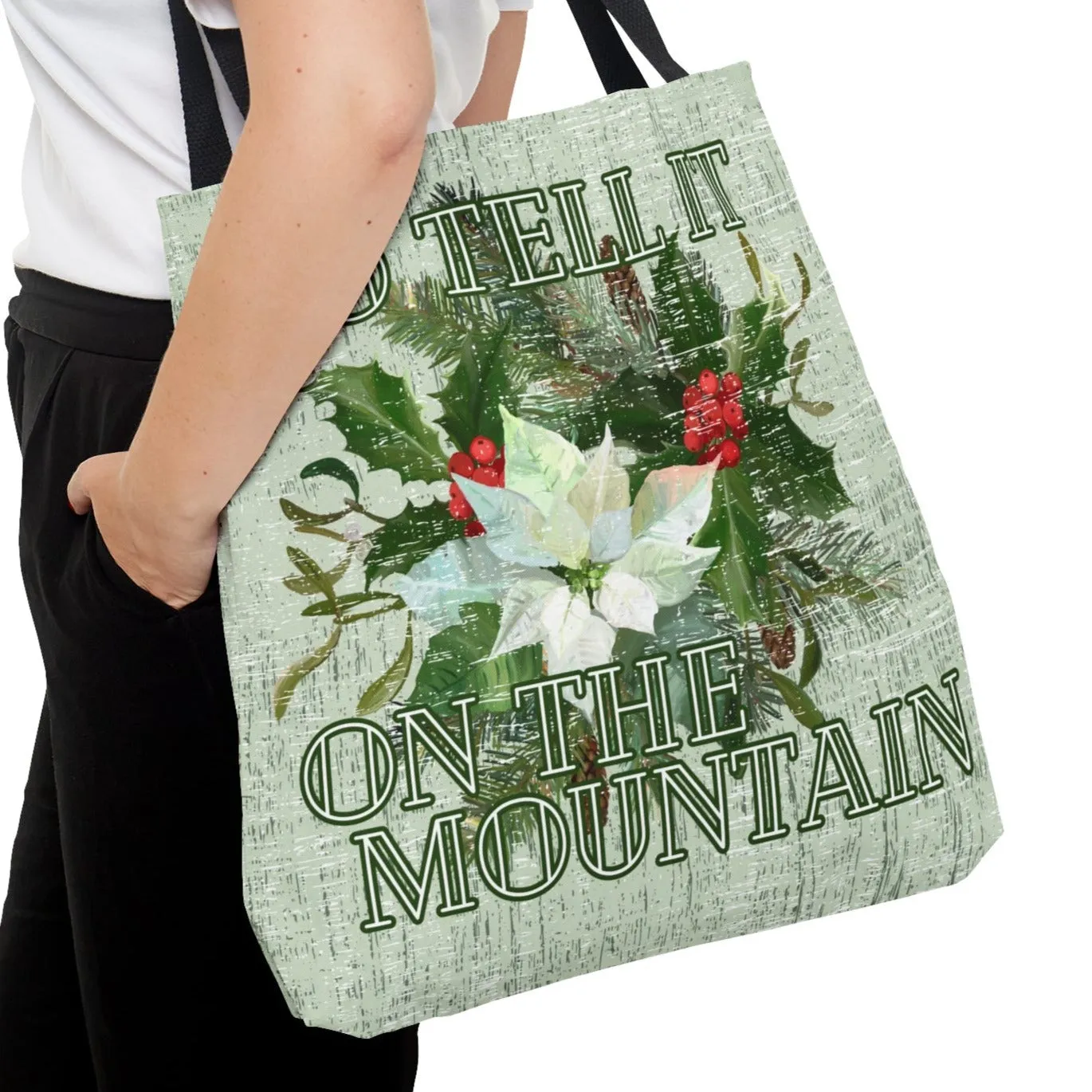 Medium Tote Bag with 'Go Tell It on the Mountain' and Christmas Floral