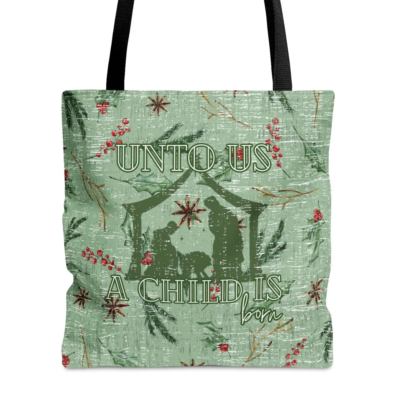 Medium Tote Bag with Manger and 'Unto Us a Child Is Born' on Sage Green Floral
