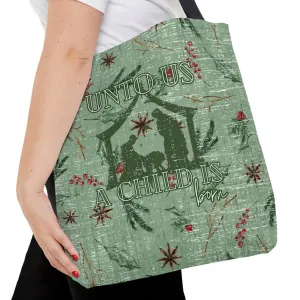 Medium Tote Bag with Manger and 'Unto Us a Child Is Born' on Sage Green Floral