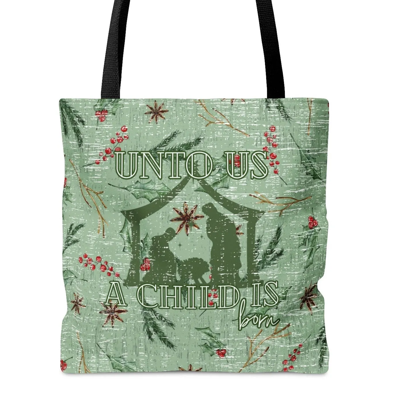 Medium Tote Bag with Manger and 'Unto Us a Child Is Born' on Sage Green Floral