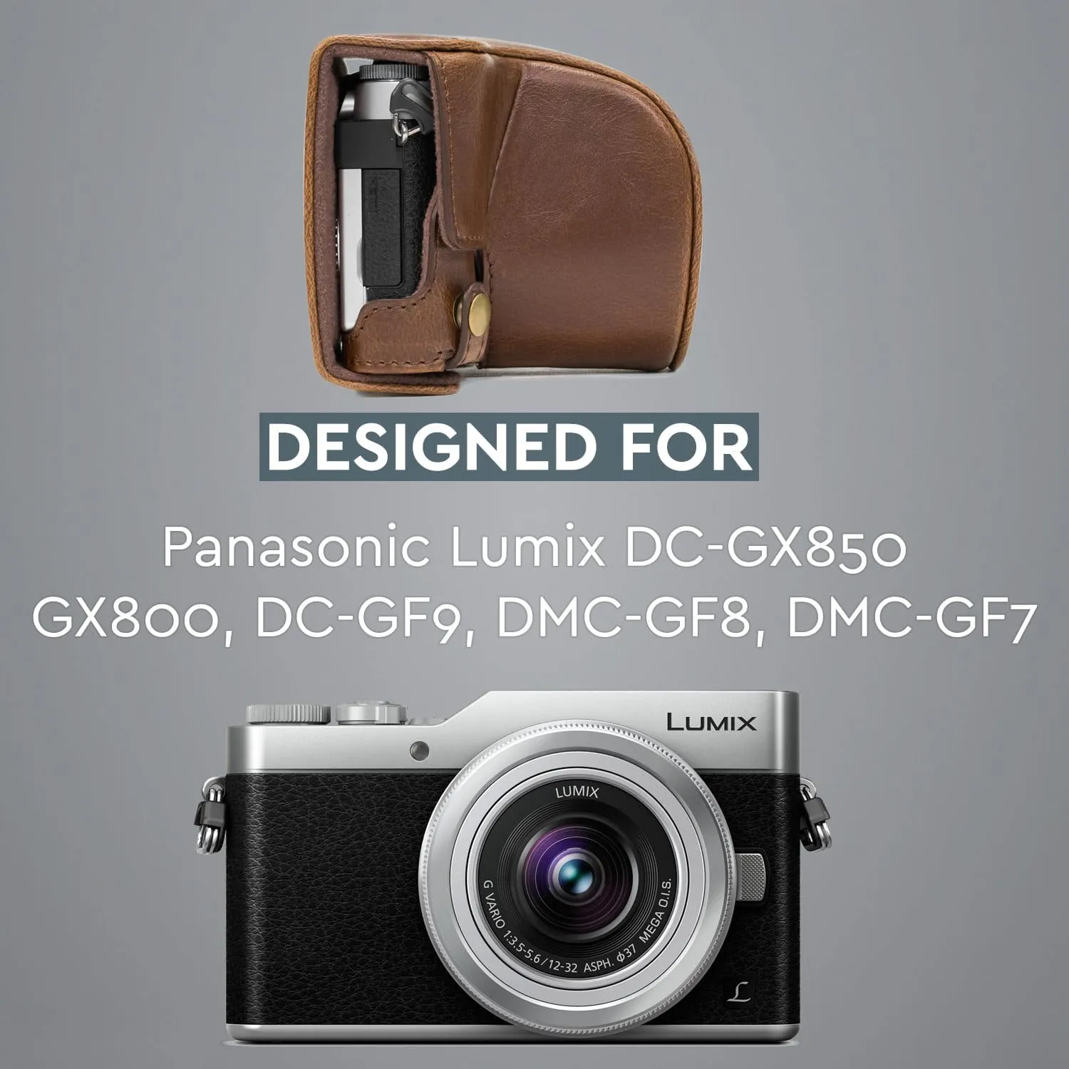 MegaGear Panasonic Lumix DC-GX850, DC-GF9 (12-32mm), DMC-GF8, DMC-GF7, GX800 Ever Ready Leather Camera Case and Strap