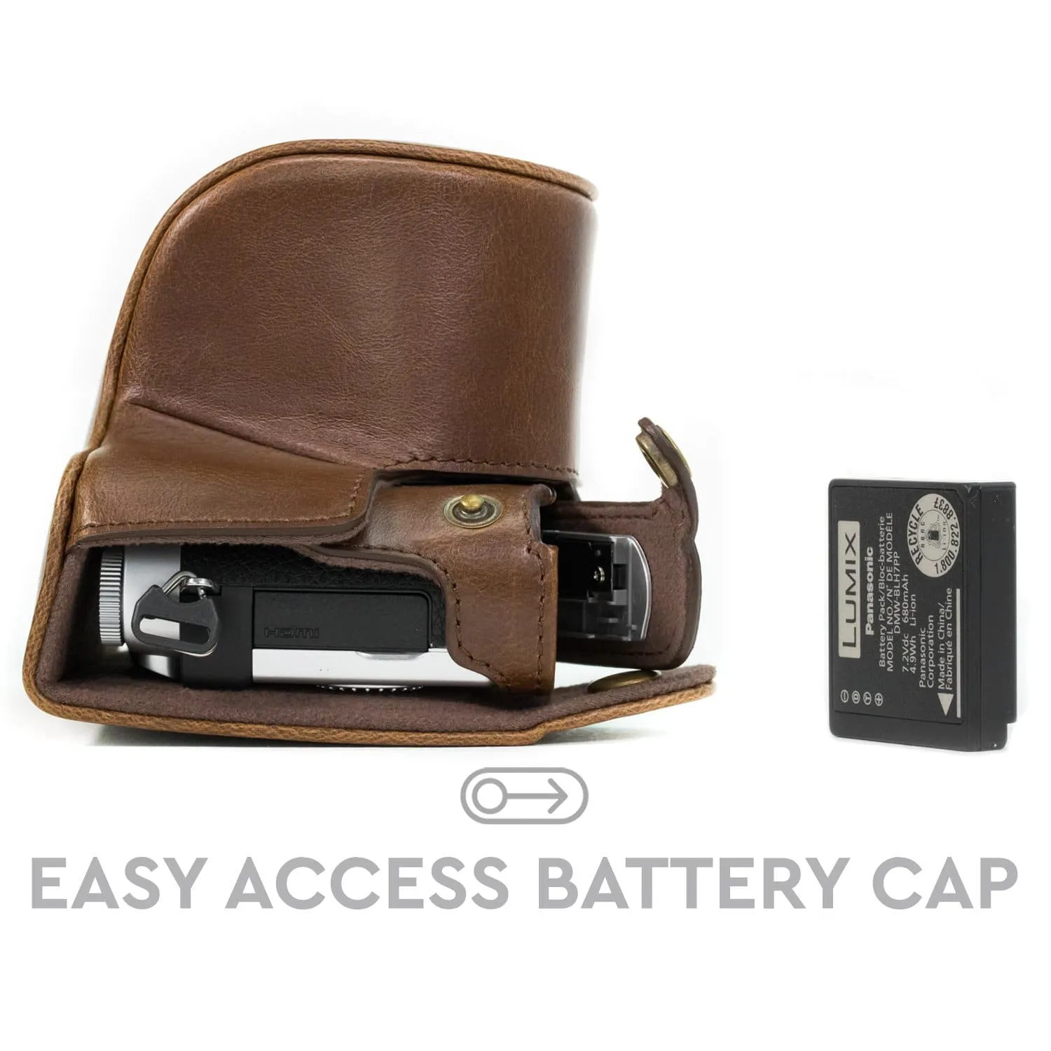 MegaGear Panasonic Lumix DC-GX850, DC-GF9 (12-32mm), DMC-GF8, DMC-GF7, GX800 Ever Ready Leather Camera Case and Strap