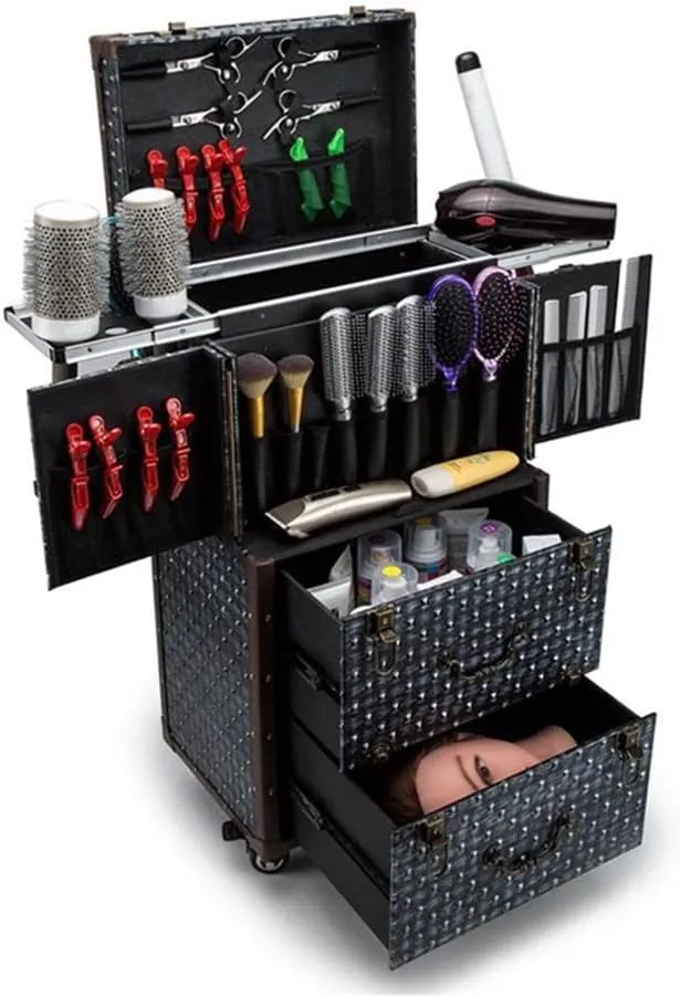 Men's Hairdressing Rolling Luggage Trolley Case Travel Ladies Makeup Travel Case Makeup Beauty Large Capacity Toolbox(D)