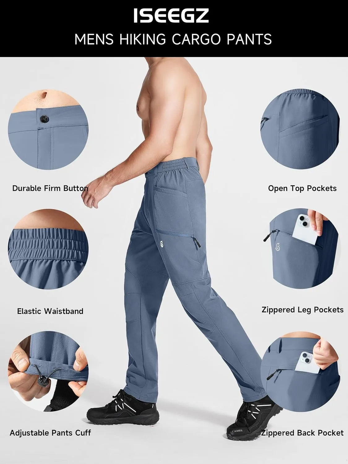 Men's Hiking Pants, Quick Dry Travel Pants Men Lightweight Outdoor Large Pocket Casual Work Pants Water-Resistant