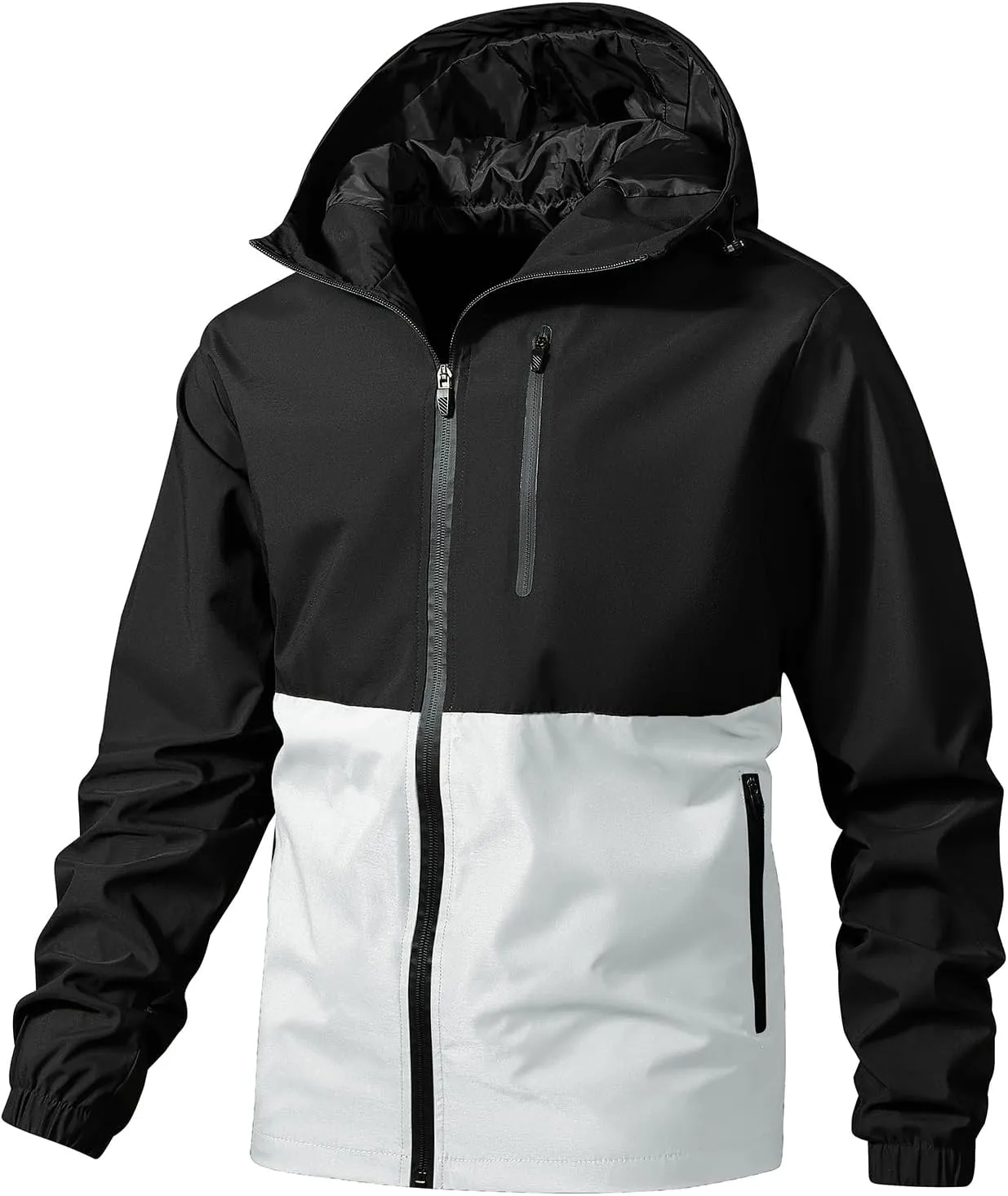 Men's Lightweight Waterproof Two Tone Zip Up Hooded Jacket Outdoor Shell Jacket for Hiking Travel