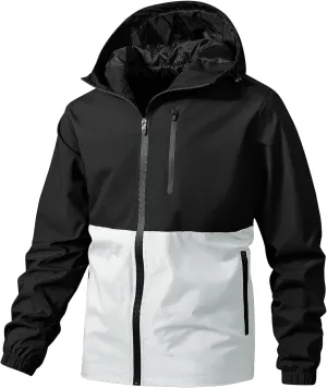 Men's Lightweight Waterproof Two Tone Zip Up Hooded Jacket Outdoor Shell Jacket for Hiking Travel