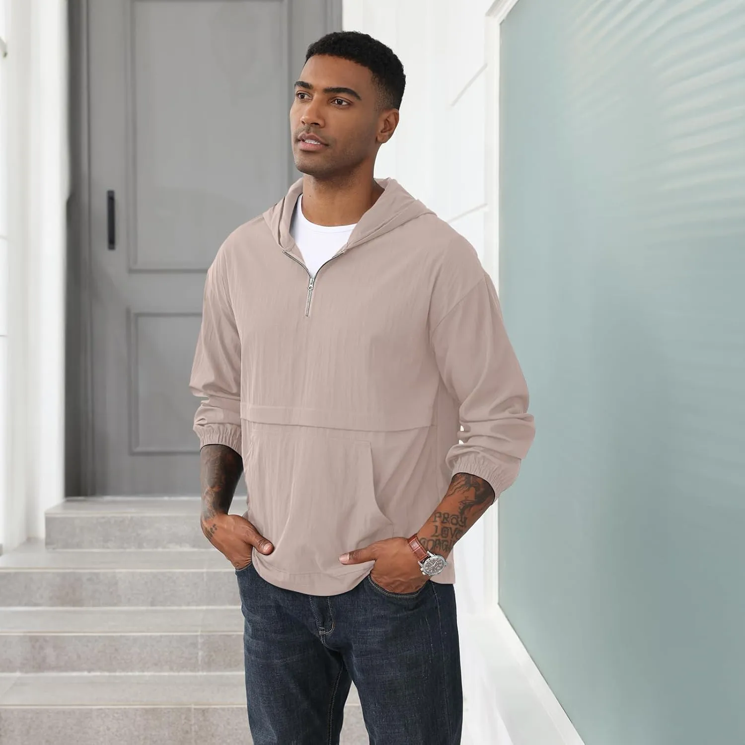 Men's Quarter Zip Sweatshirts Track Jackets Windbreaker Casual Pullover Lightweight Pockets Cycling Golf for Men With Hood