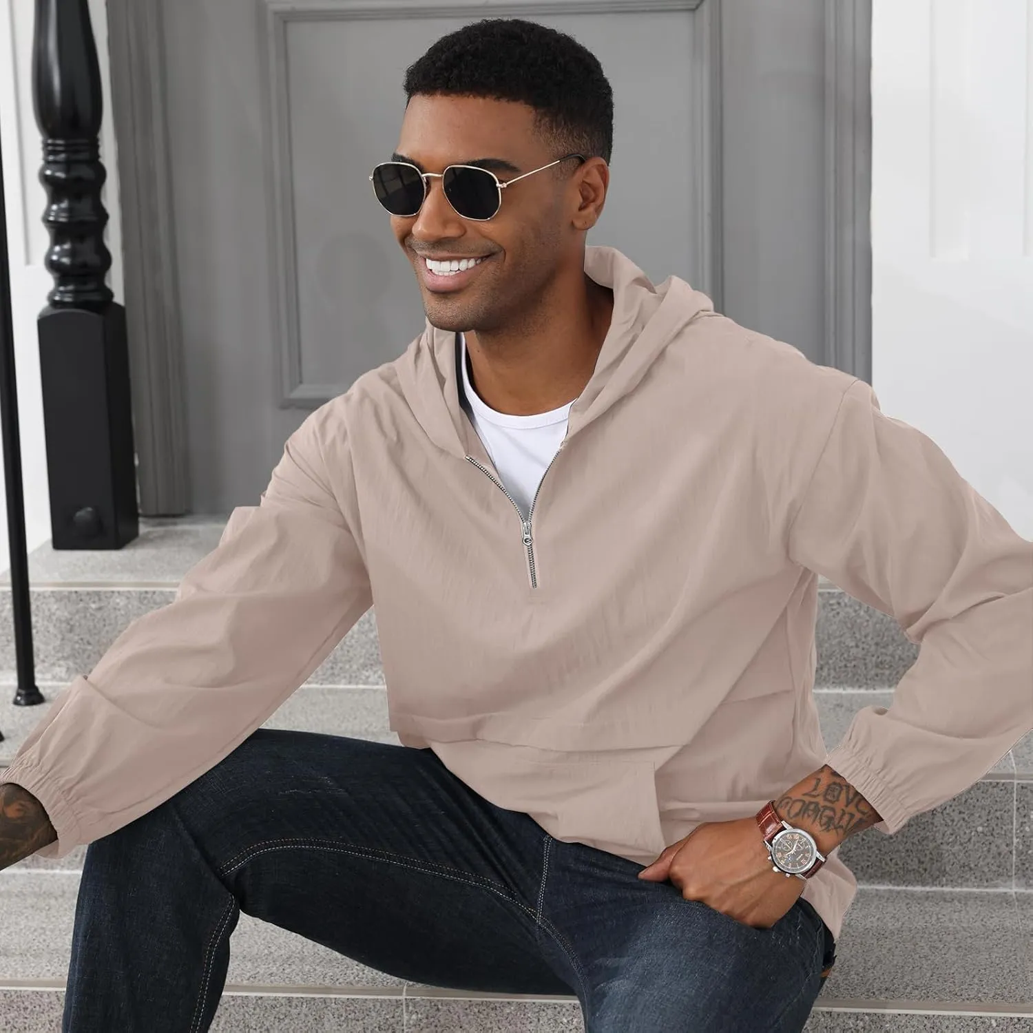 Men's Quarter Zip Sweatshirts Track Jackets Windbreaker Casual Pullover Lightweight Pockets Cycling Golf for Men With Hood