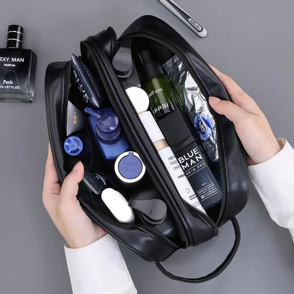 Mens travel toiletry bag, Gift For Men，Waterproof PU double-layer cosmetic bag, large-capacity portable toiletry bag (Coffee)