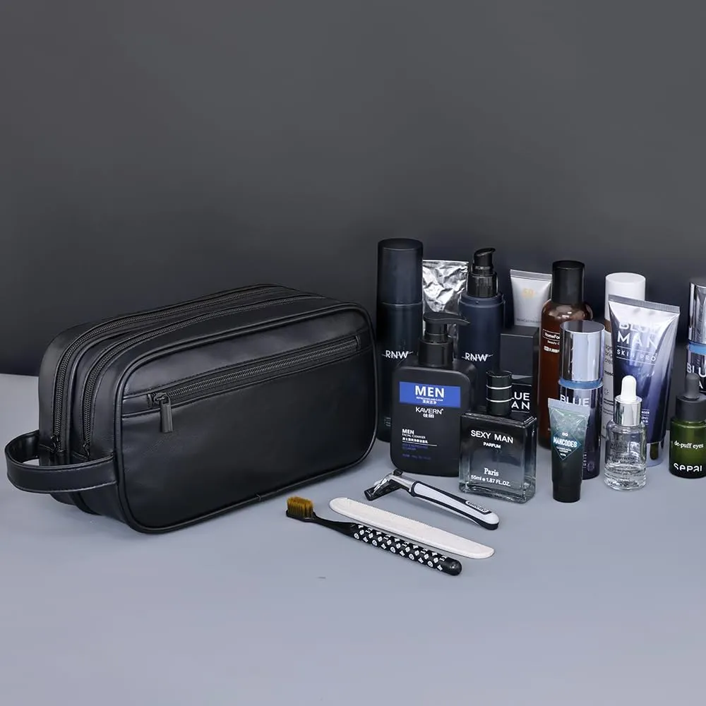 Mens travel toiletry bag, Gift For Men，Waterproof PU double-layer cosmetic bag, large-capacity portable toiletry bag (Coffee)
