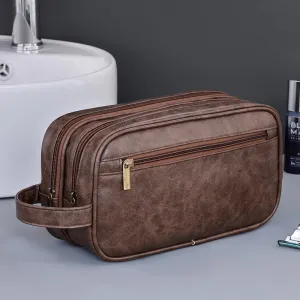 Mens travel toiletry bag, Gift For Men，Waterproof PU double-layer cosmetic bag, large-capacity portable toiletry bag (Coffee)