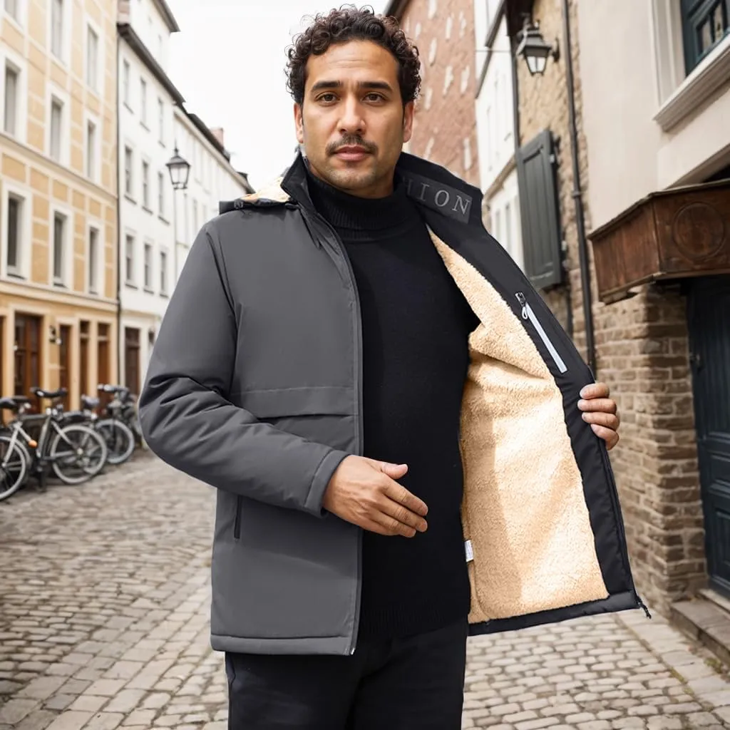 Men's Winter Jacket with Hood Waterproof Fleece Liner Parka Snow Coat Windproof Thicken Raincoat With Pocket