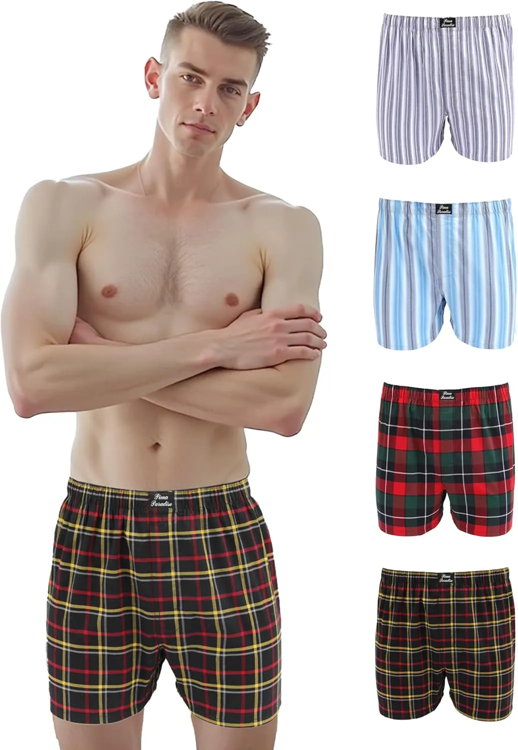 Men's Woven Boxer 4pack, Pima Cotton, Tagless, Ultra-Soft, Moisture-Wicking, Comfortable Fit, 4-Pack