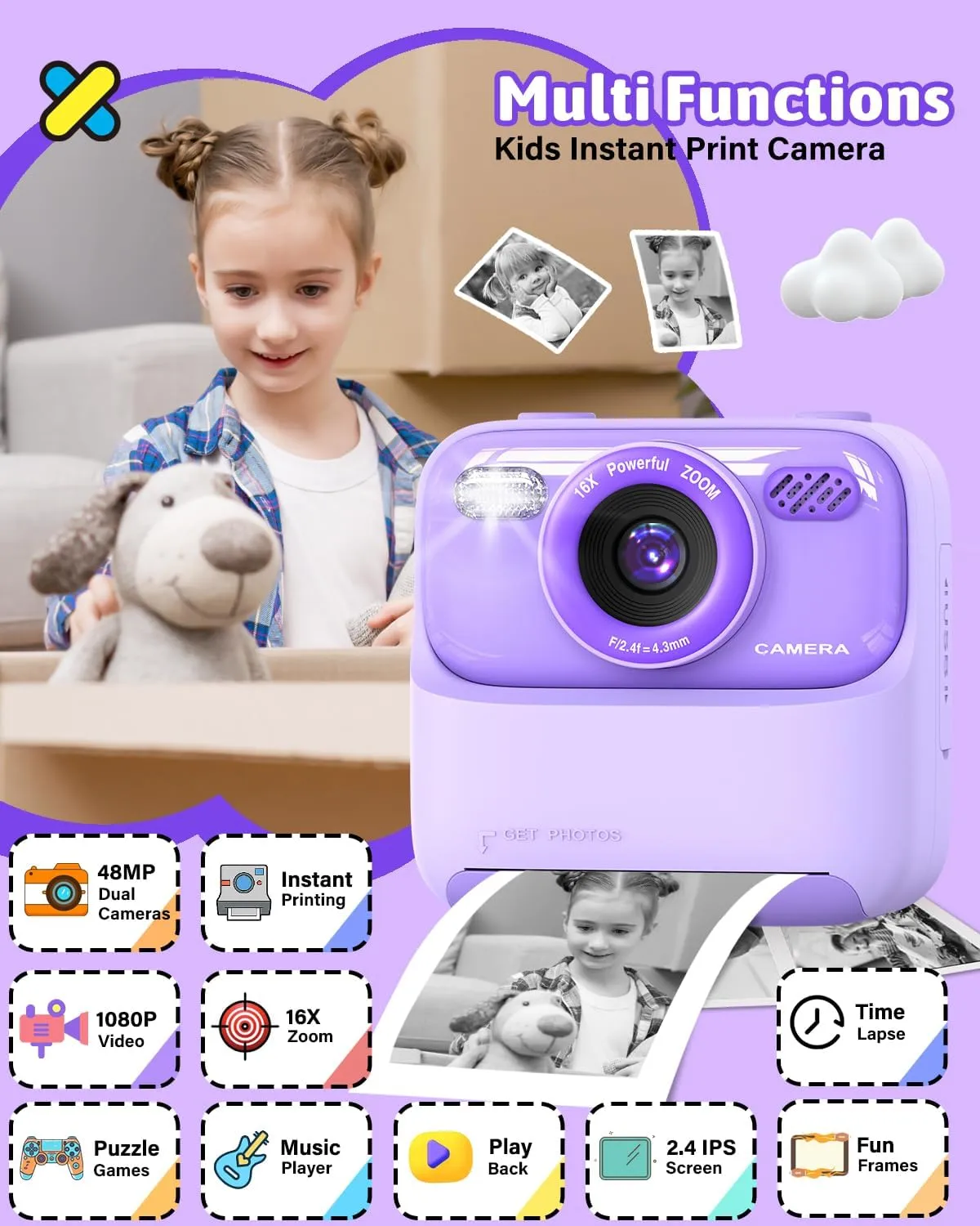 Mgaolo Kids Camera Instant Print Photo,Children Digital Camera Toys Gift with HD Video for Girls Boys 3-12 Age,Chritmas Birthday Festival Present for 3 4 5 6 7 8 9 Year Old Child (Purple)