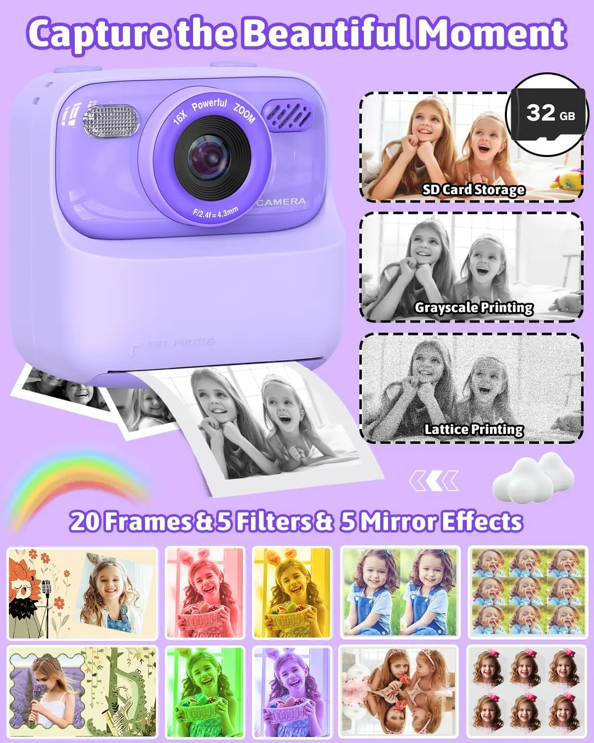 Mgaolo Kids Camera Instant Print Photo,Children Digital Camera Toys Gift with HD Video for Girls Boys 3-12 Age,Chritmas Birthday Festival Present for 3 4 5 6 7 8 9 Year Old Child (Purple)