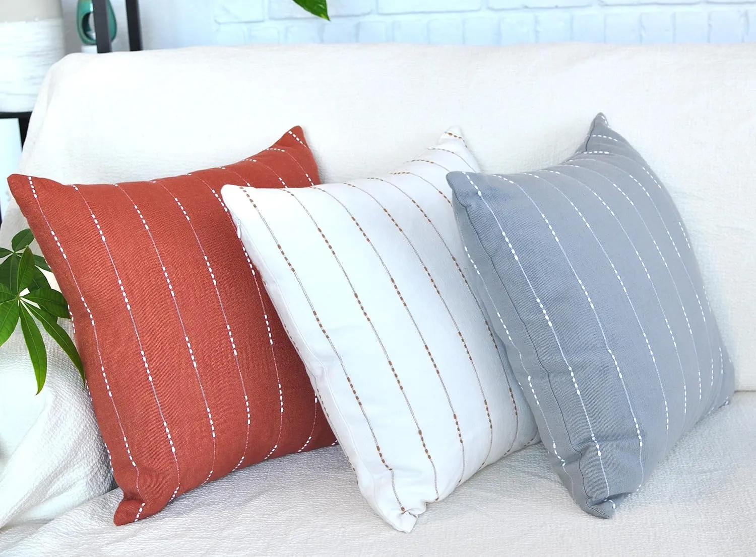 Minimalist Neutral Pillow Covers 18 x18 inches Cream White/Cotton Woven Striped Geometric Pattern Contemporary Cushion Covers/Simple Throw Pillow Cases for Living Room Sofa, Couch, Bed, Set of 2