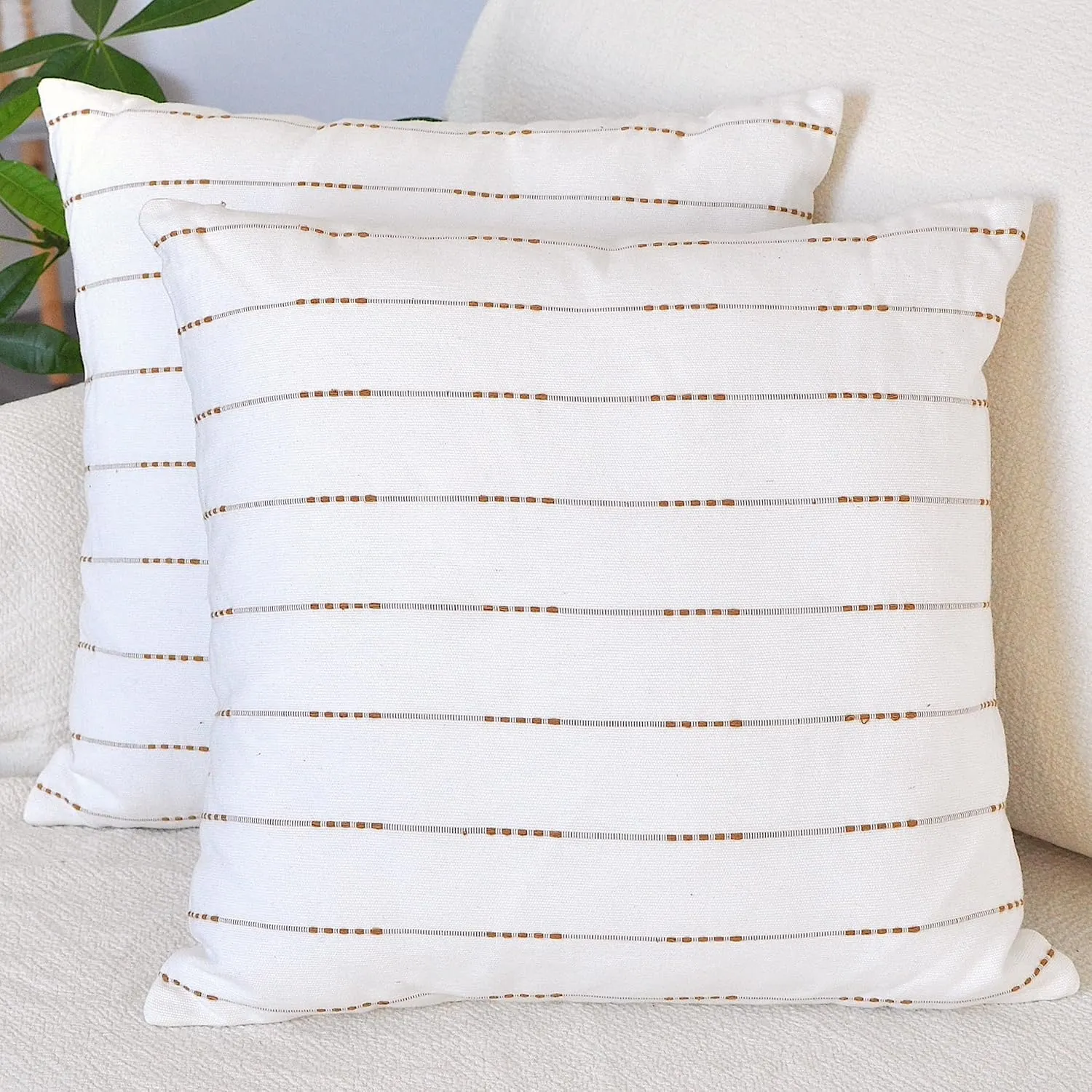 Minimalist Neutral Pillow Covers 18 x18 inches Cream White/Cotton Woven Striped Geometric Pattern Contemporary Cushion Covers/Simple Throw Pillow Cases for Living Room Sofa, Couch, Bed, Set of 2