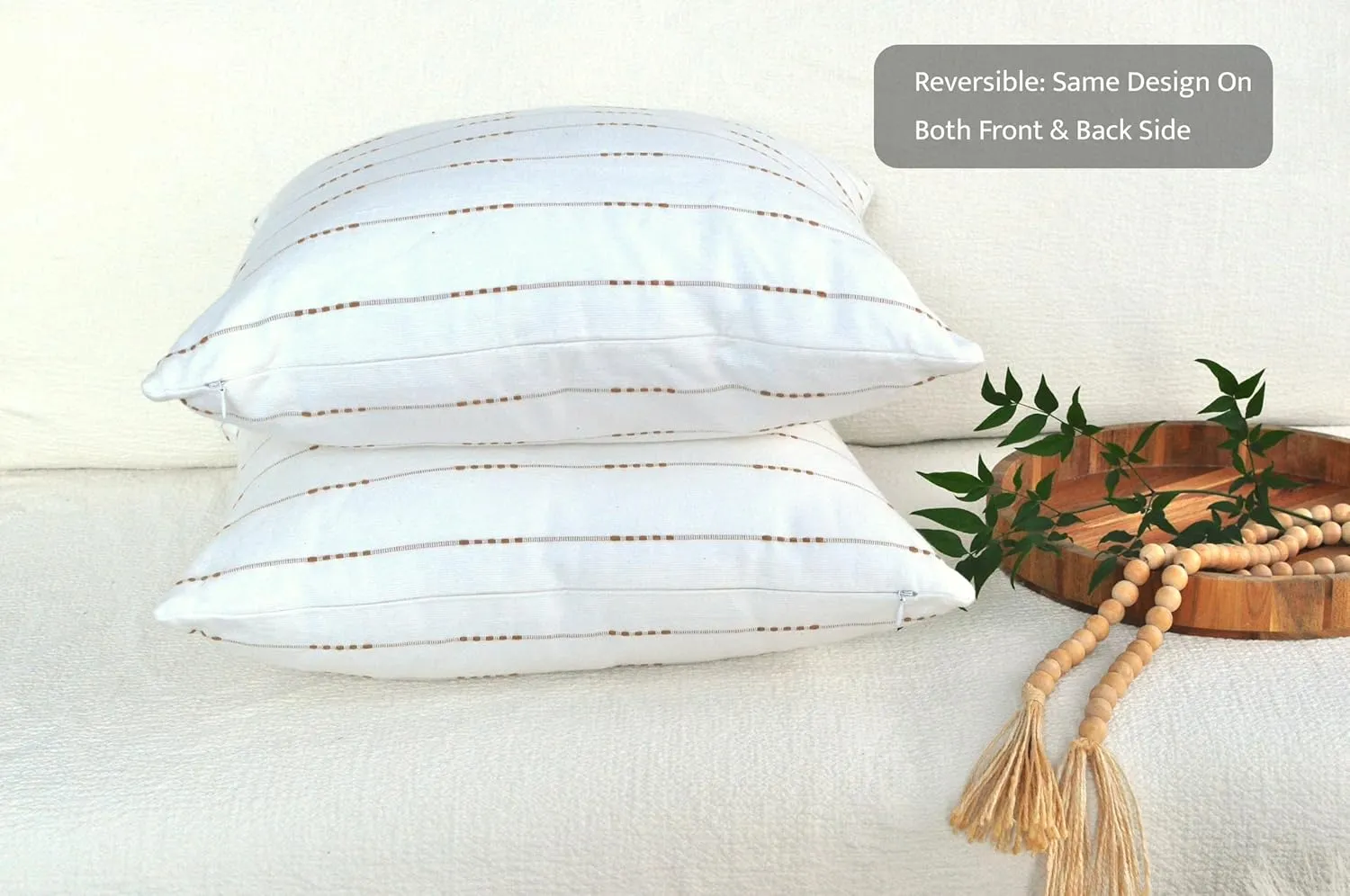 Minimalist Neutral Pillow Covers 18 x18 inches Cream White/Cotton Woven Striped Geometric Pattern Contemporary Cushion Covers/Simple Throw Pillow Cases for Living Room Sofa, Couch, Bed, Set of 2