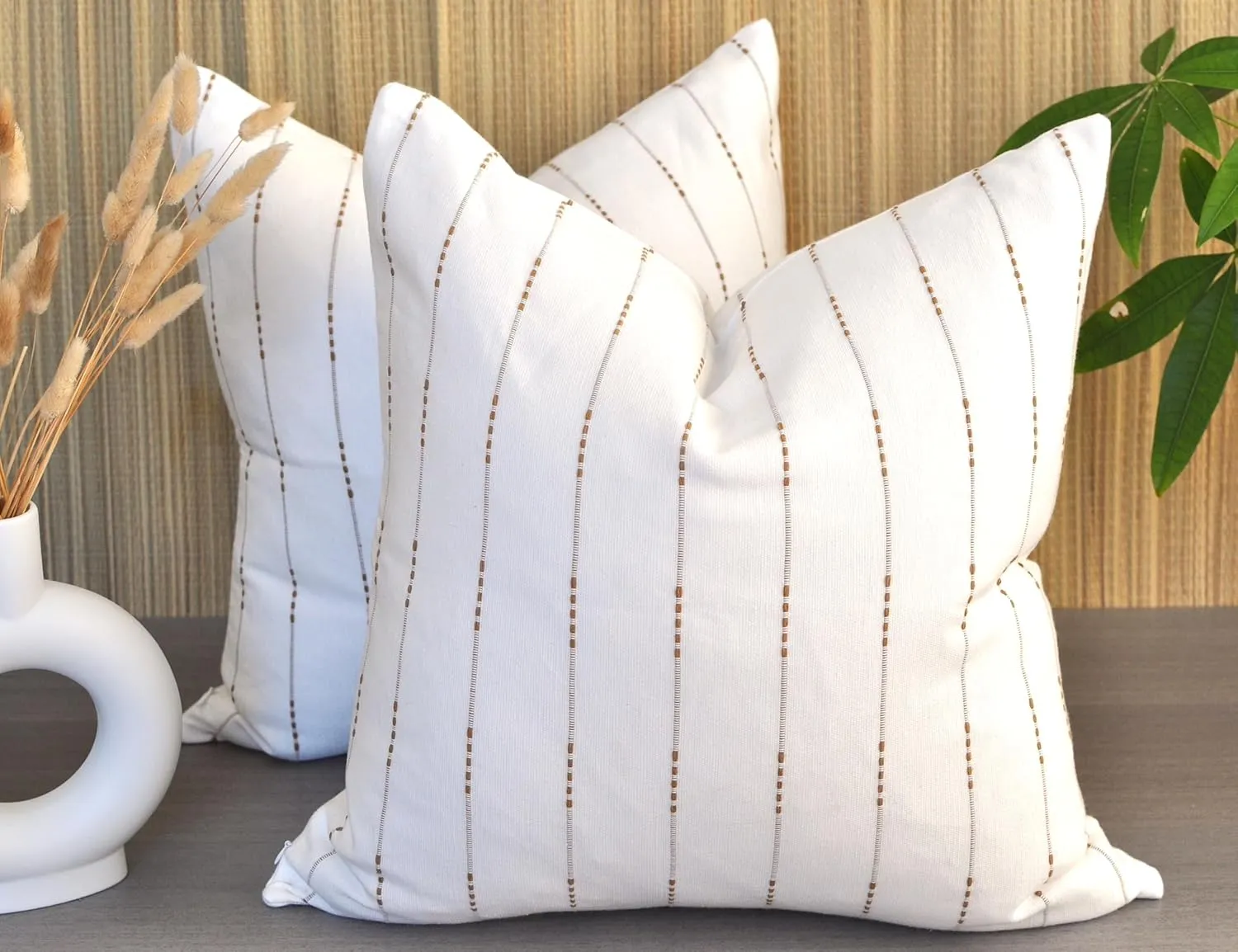 Minimalist Neutral Pillow Covers 18 x18 inches Cream White/Cotton Woven Striped Geometric Pattern Contemporary Cushion Covers/Simple Throw Pillow Cases for Living Room Sofa, Couch, Bed, Set of 2