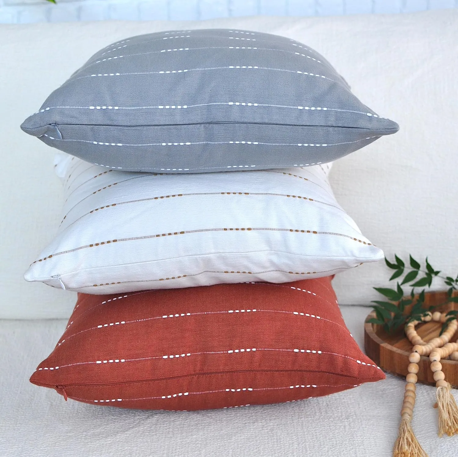 Minimalist Neutral Pillow Covers 18 x18 inches Cream White/Cotton Woven Striped Geometric Pattern Contemporary Cushion Covers/Simple Throw Pillow Cases for Living Room Sofa, Couch, Bed, Set of 2