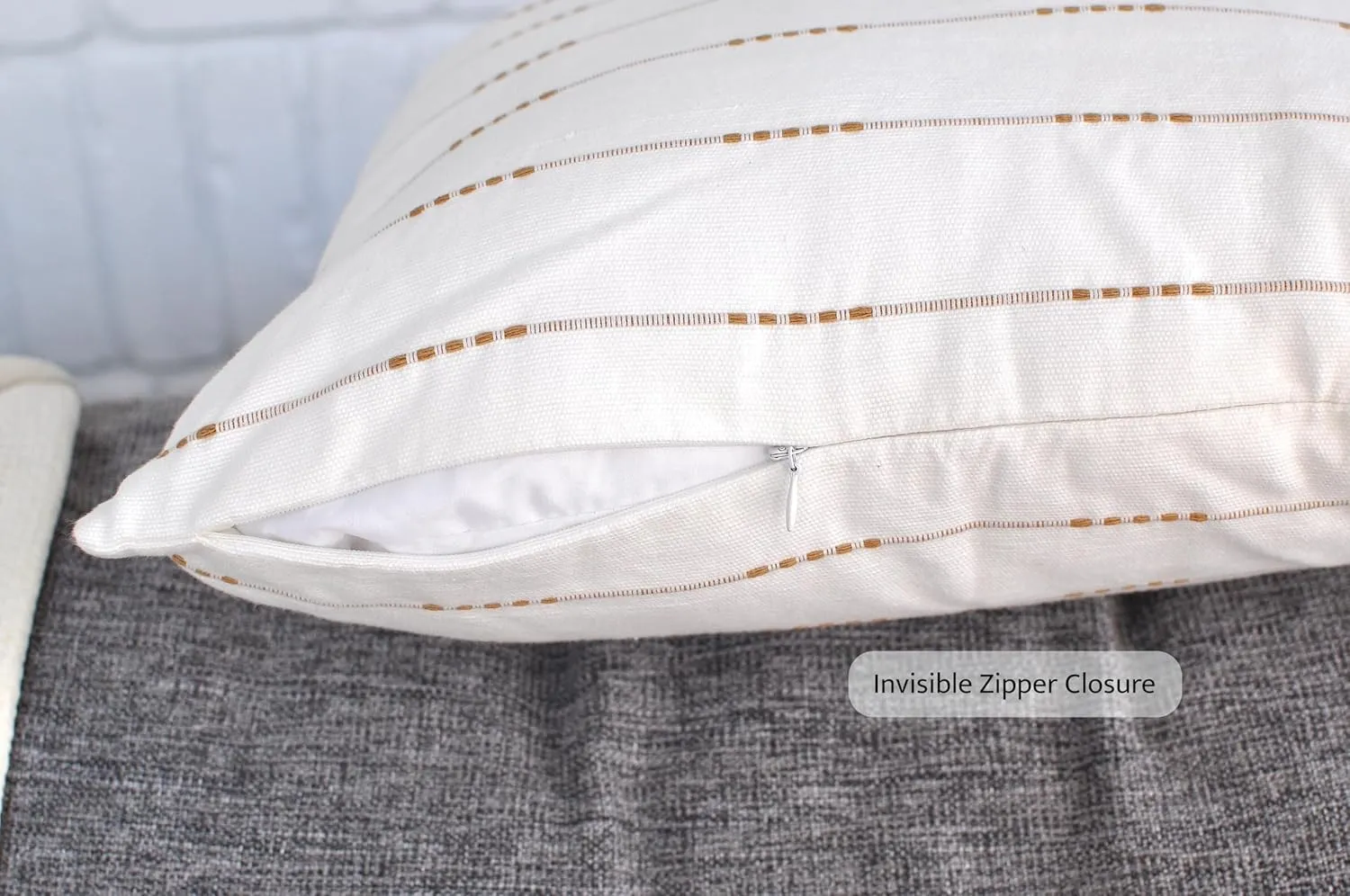 Minimalist Neutral Pillow Covers 18 x18 inches Cream White/Cotton Woven Striped Geometric Pattern Contemporary Cushion Covers/Simple Throw Pillow Cases for Living Room Sofa, Couch, Bed, Set of 2
