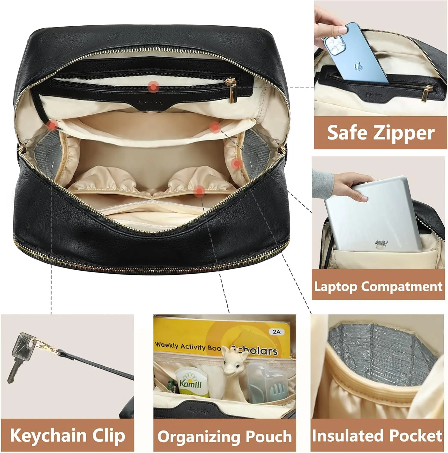 miss fong Leather Diaper Bag Backpack Diaper Bag Purse, Baby Diaper Bag for mom dad with 12 Diaper Bag Organizers, Changing Pad and 4 Insulated Pockets, Faux Leather Diaper Bag Backpack(Black)