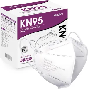 Miuphro KN95 Face Mask 50 Pack, Disposable Respirator Masks, 5 Layer Design Safety Mask for Protection, Ideal for Men and Women (White)