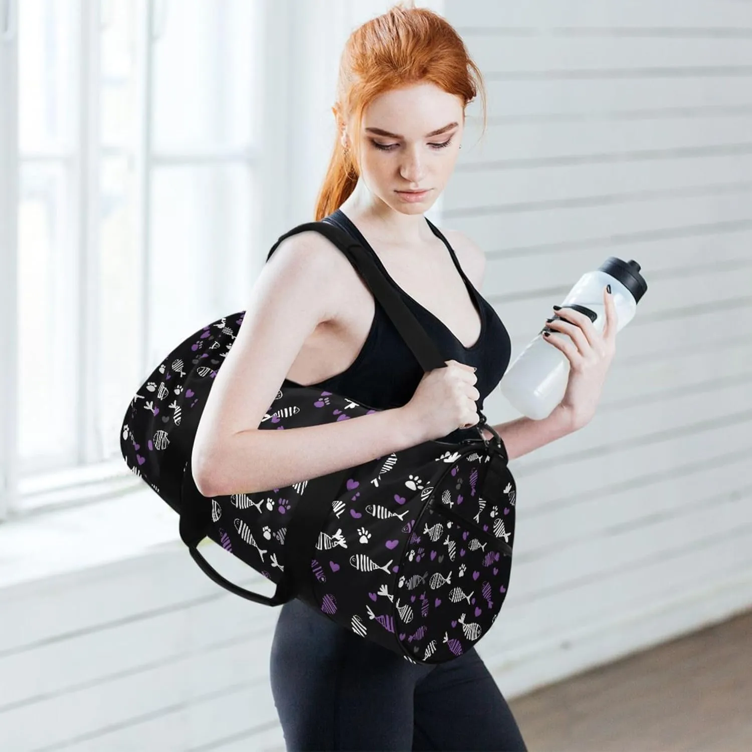 MNSRUU Sports Duffel Bags, White Purple Fish Bone Athletic Gym Bag Overnight Workout Travel Tote Luggage for Men Women Yoga