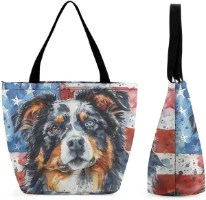 MoBlinko Dog 4th of July Womens Tote Bags Reusable Yoga Shoulder Bag Handbag with Zipper for Grocery Shopping Gifts