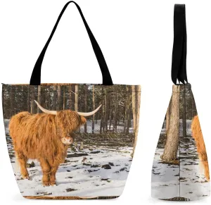 MoBlinko Scotish Highland Cattle Tote Bag for Women Reusable Handbags Shoulder Bags with Zipper for Yoga Grocery Gifts