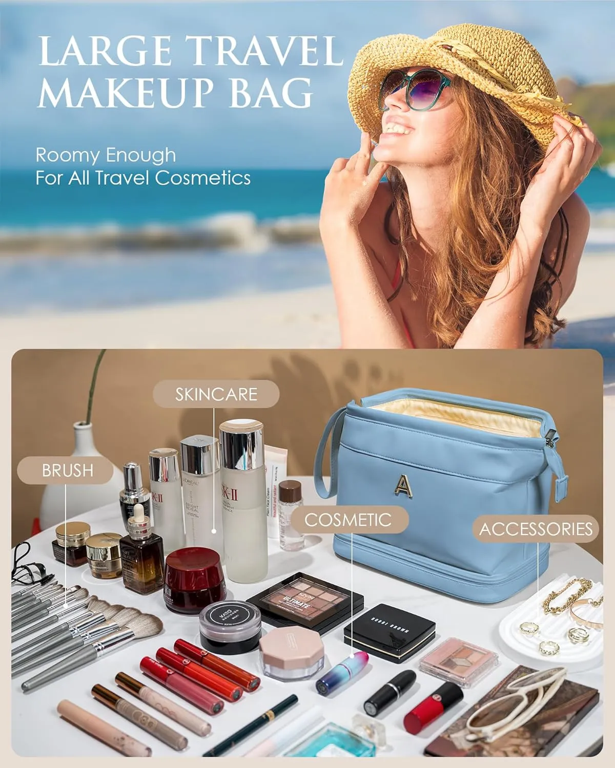 Mom Gift Basket, Large Makeup Bag, Travel Essentials, Personalized Double Layer Cosmetic Bag with Makeup Brush Organizer, 13 14 15 16 17 18 Years Old Girl Gifts-Graduation Gift
