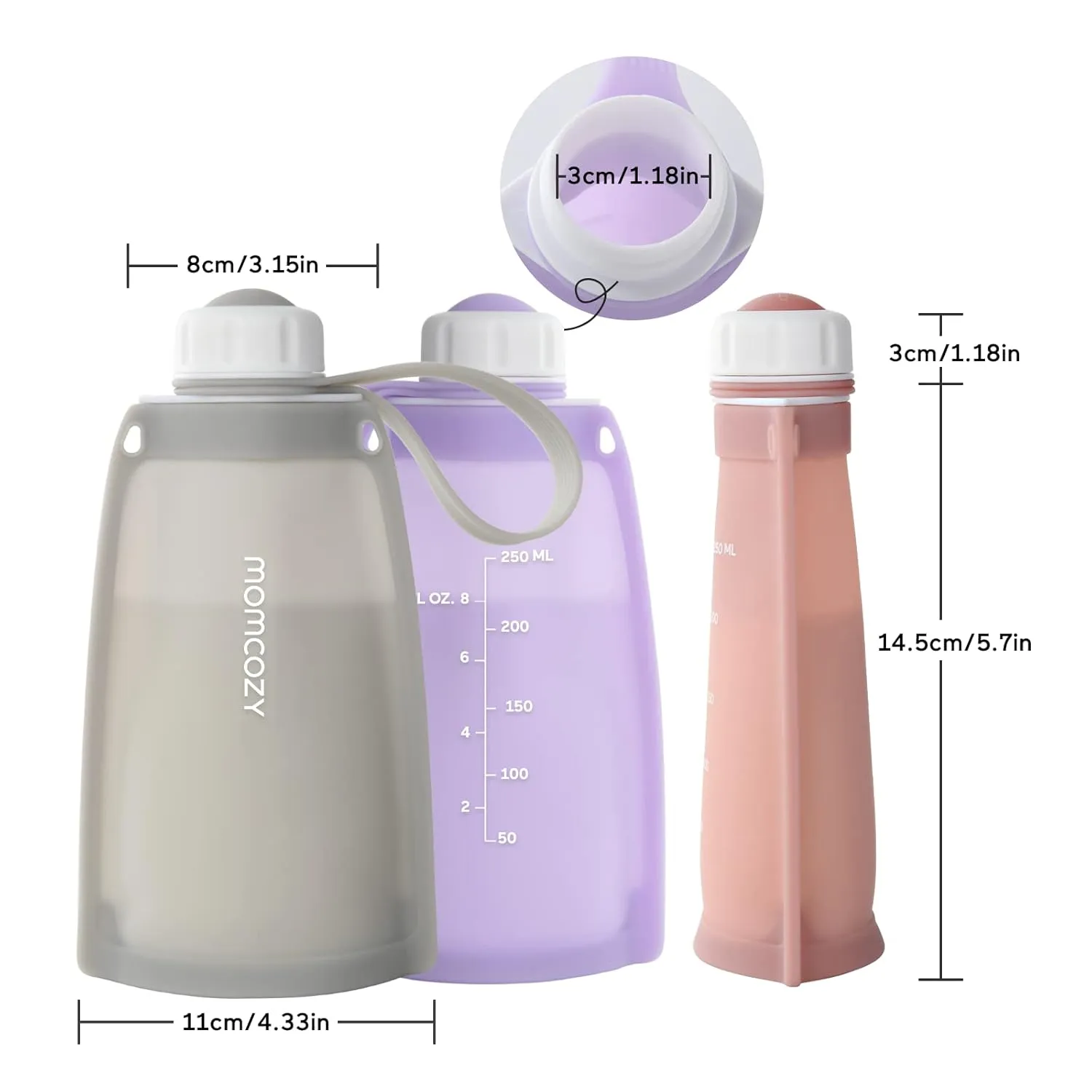 Momcozy Silicone Milk Storage Bags, Reusable Breastmilk Bags for Breastfeeding, 8.5oz/250ml Breast Milk Saver, Leakproof Milk Freezer Storing Pouches, BPA Free (Light Purple & Bean Paste Color)