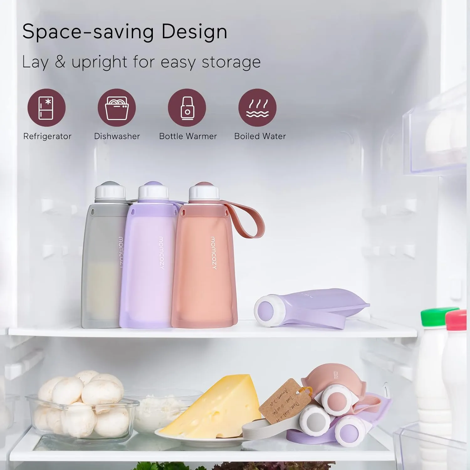 Momcozy Silicone Milk Storage Bags, Reusable Breastmilk Bags for Breastfeeding, 8.5oz/250ml Breast Milk Saver, Leakproof Milk Freezer Storing Pouches, BPA Free (Light Purple & Bean Paste Color)